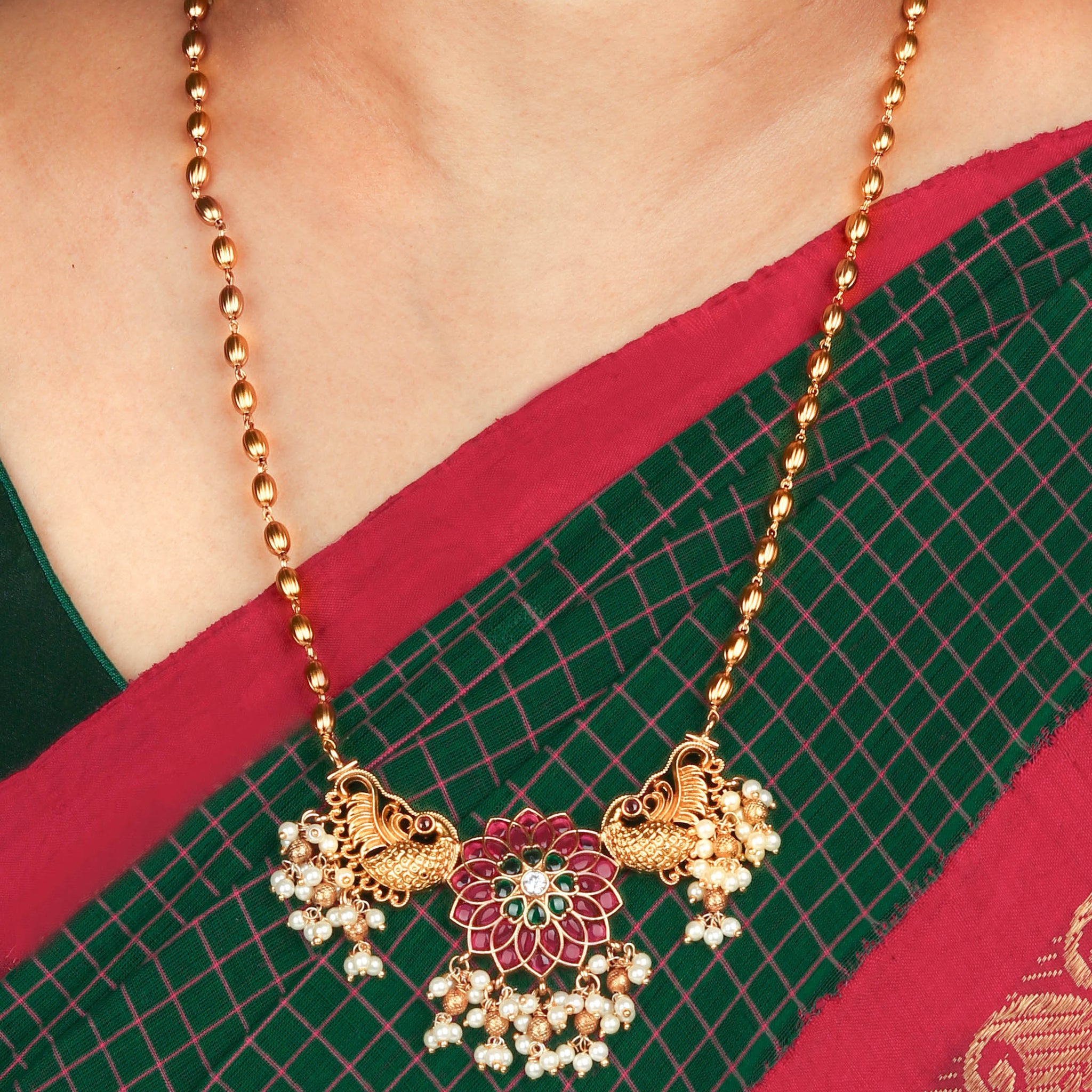 24K Gold Plated Traditional Necklace Set With Golden Beads And Kemp Stone Work