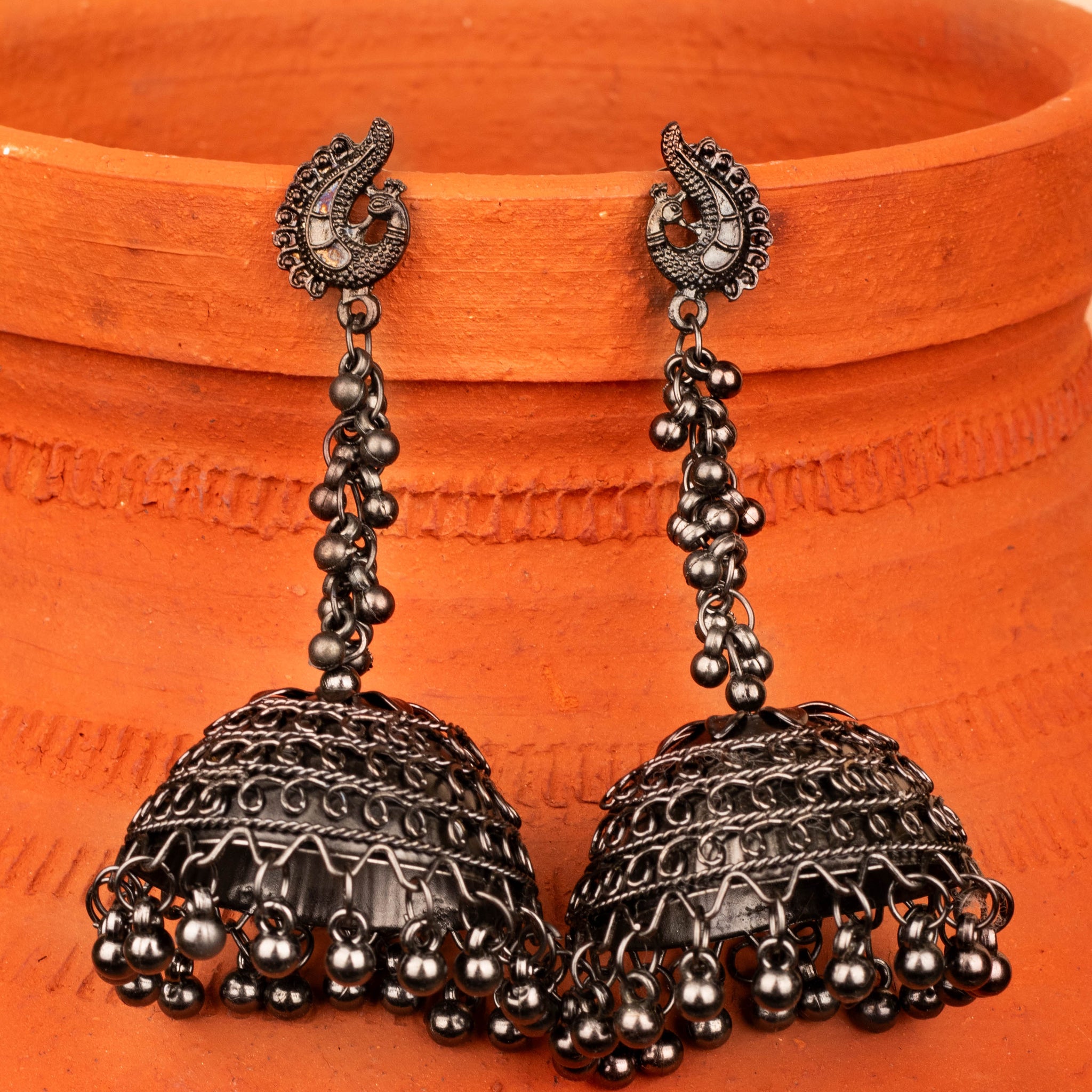 House of Anantara Silver Oxidised long Jhumka Earrings