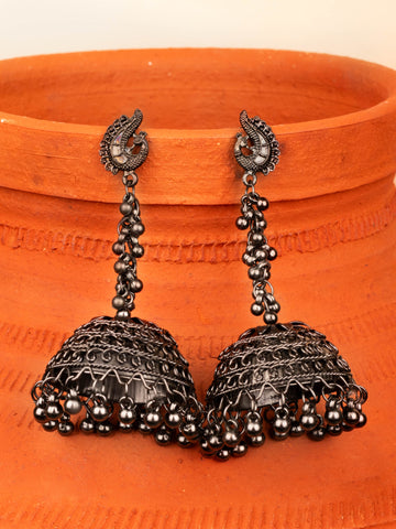 House of Anantara Silver Oxidised long Jhumka Earrings