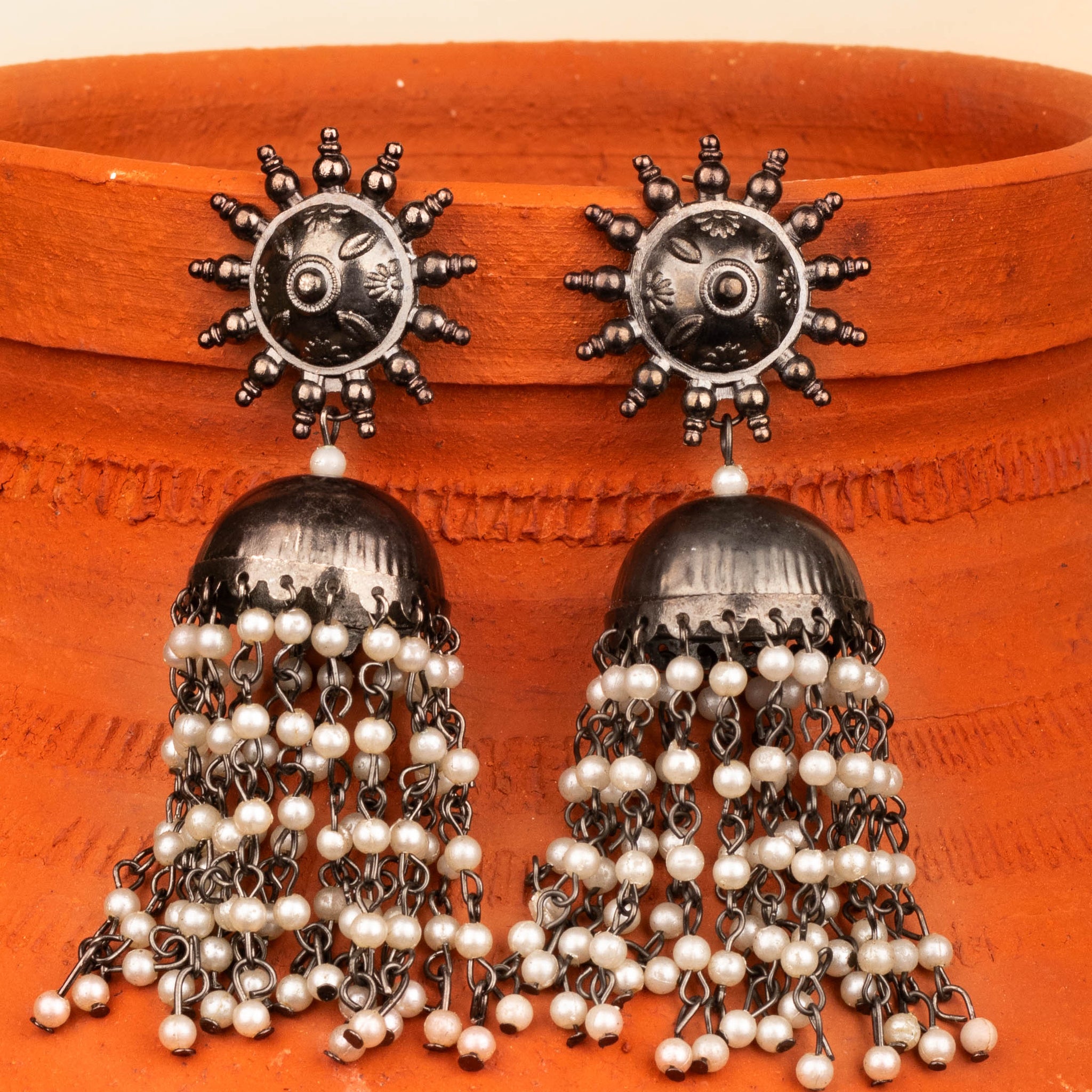 House of Anantara Silver Oxidised Jhumka With Pearls