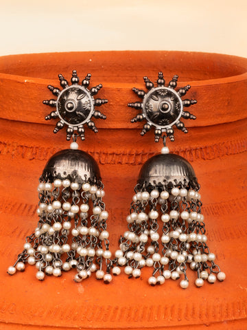 House of Anantara Silver Oxidised Jhumka With Pearls