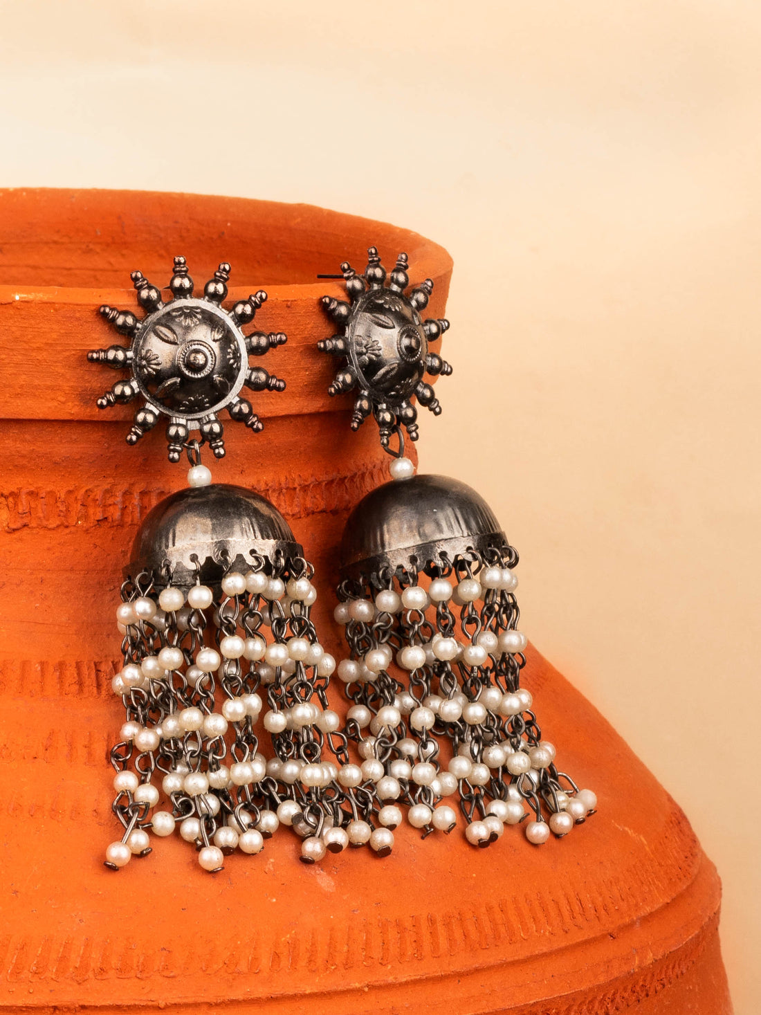 House of Anantara Silver Oxidised Jhumka With Pearls