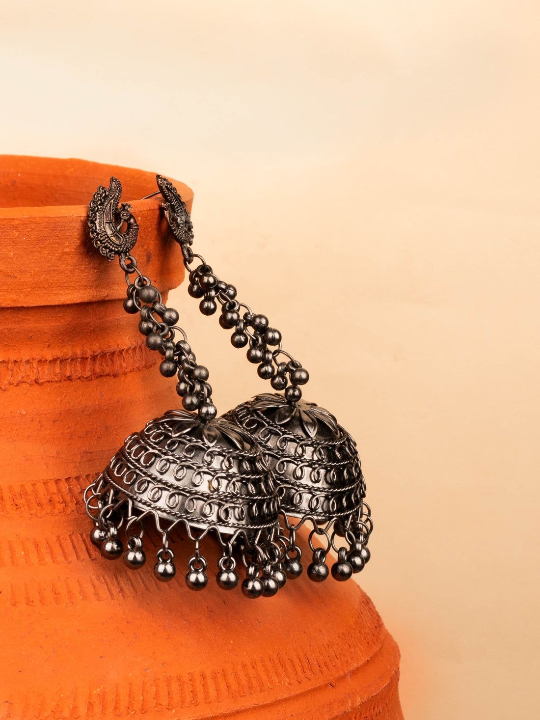 House of Anantara Silver Oxidised long Jhumka Earrings