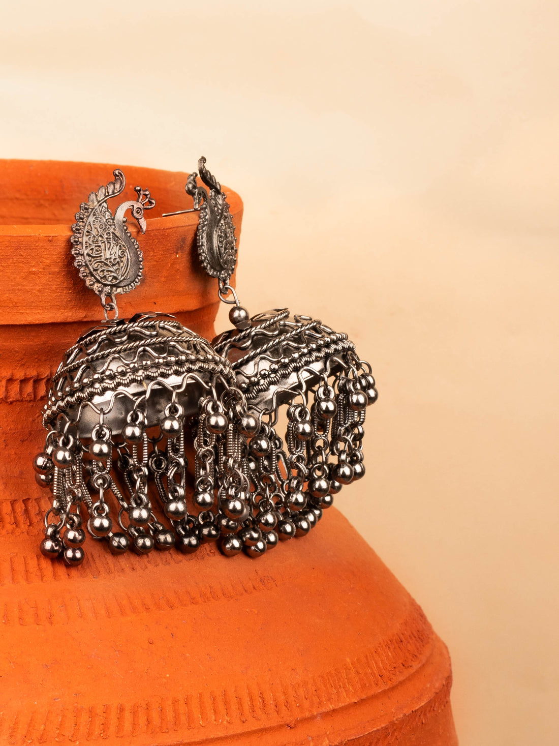 House of Anantara Peacock Silver Oxidised Jhumka Earrings