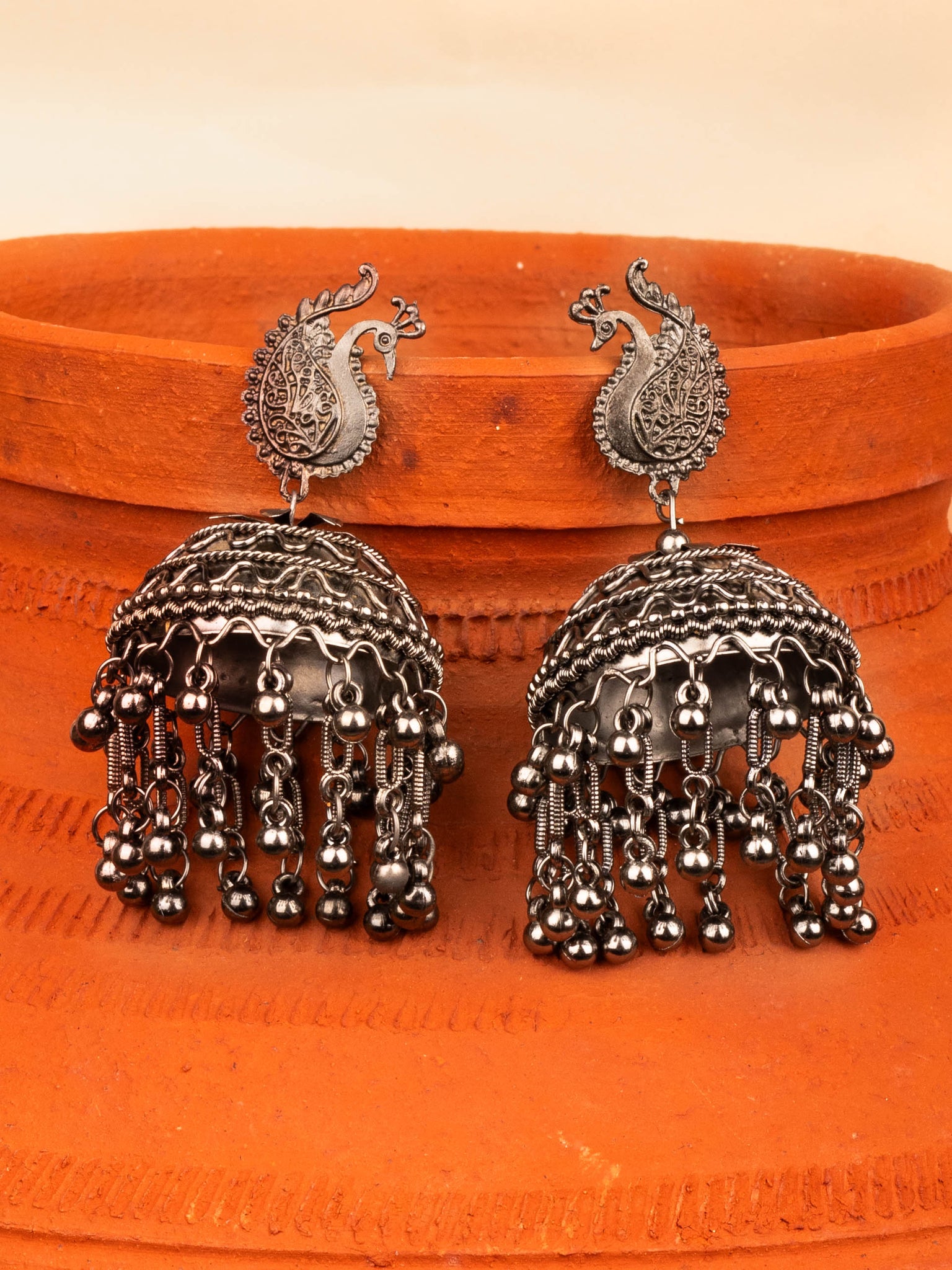 House of Anantara Peacock Silver Oxidised Jhumka Earrings