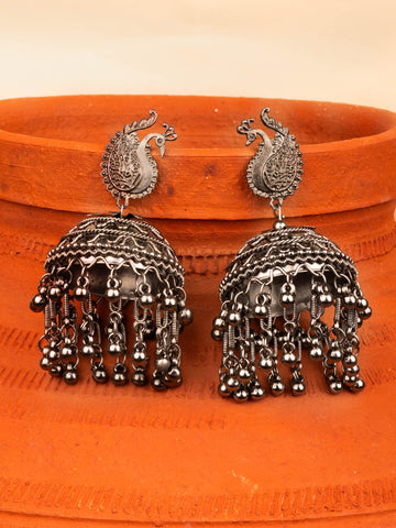 House of Anantara Peacock Silver Oxidised Jhumka Earrings