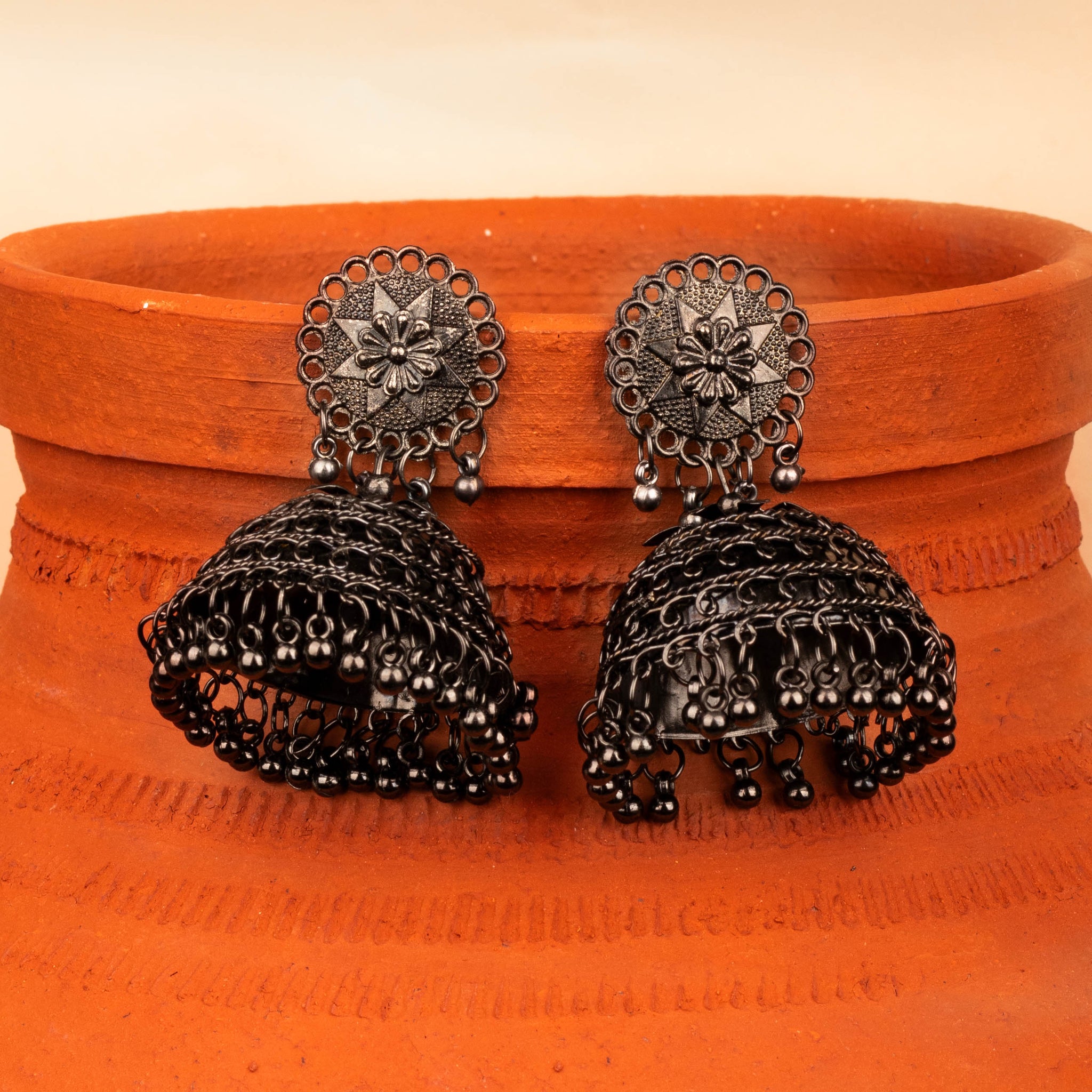 House of Anantara Flower Inspired Silver Oxidised Jhumka Earrings