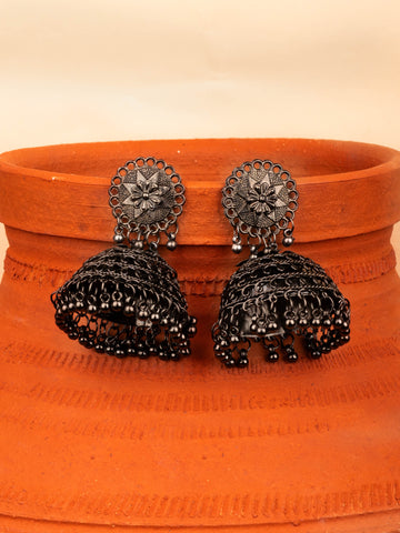 House of Anantara Flower Inspired Silver Oxidised Jhumka Earrings