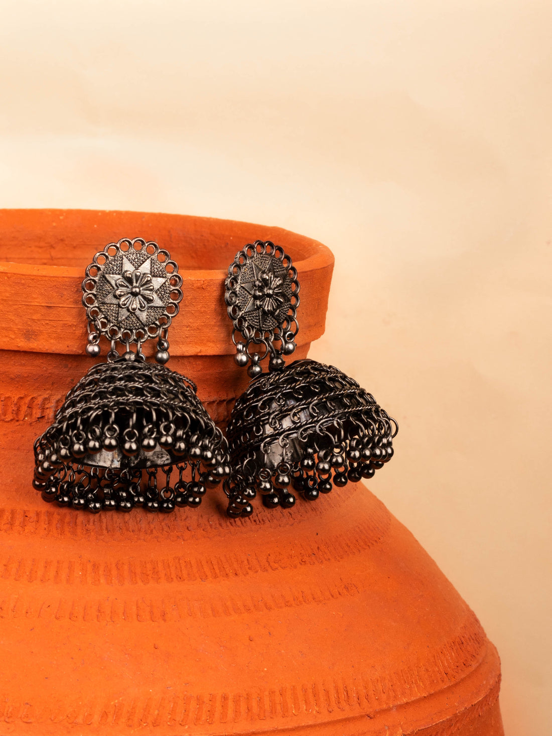 House of Anantara Flower Inspired Silver Oxidised Jhumka Earrings