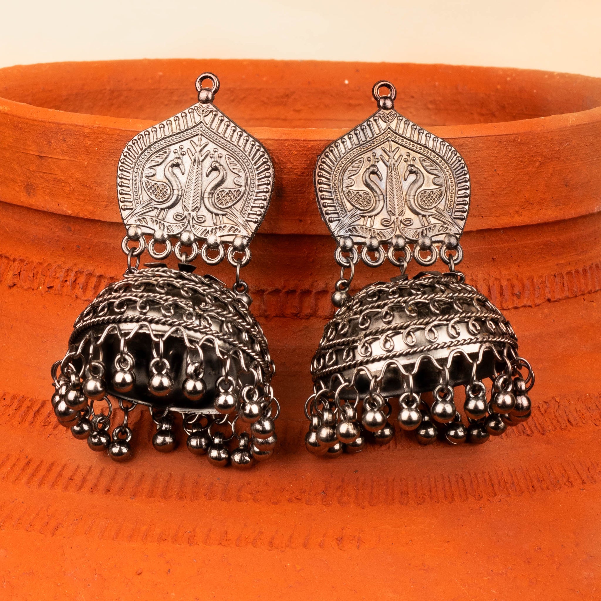 House of Anantara Carved Silver Oxidised Jhumka Earrings