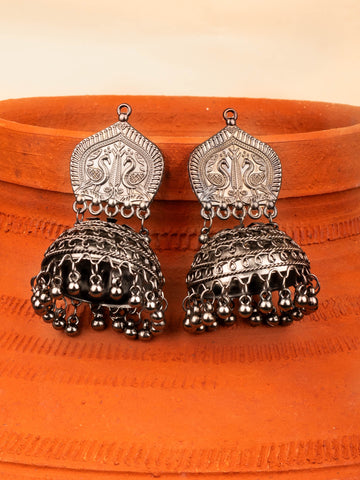 House of Anantara Carved Silver Oxidised Jhumka Earrings