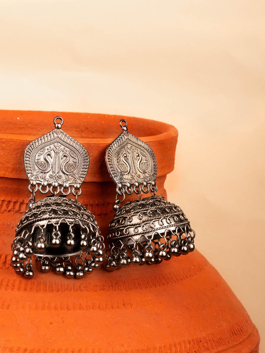 House of Anantara Carved Silver Oxidised Jhumka Earrings