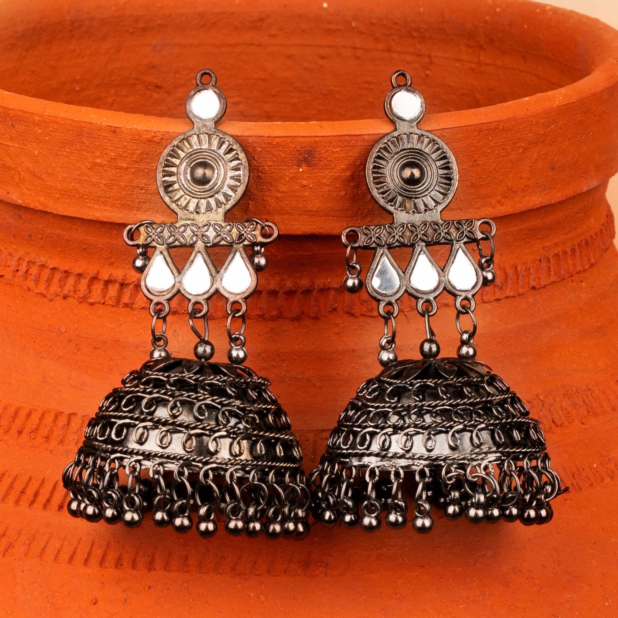 House of Anantara Traditional Silver Oxidised Jhumka Earrings