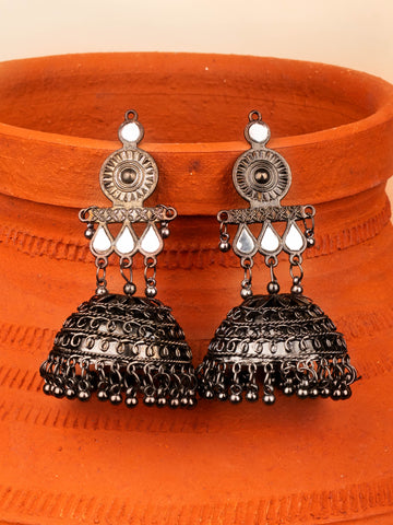 House of Anantara Traditional Silver Oxidised Jhumka Earrings