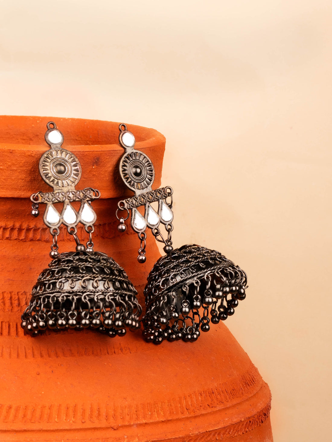 House of Anantara Traditional Silver Oxidised Jhumka Earrings