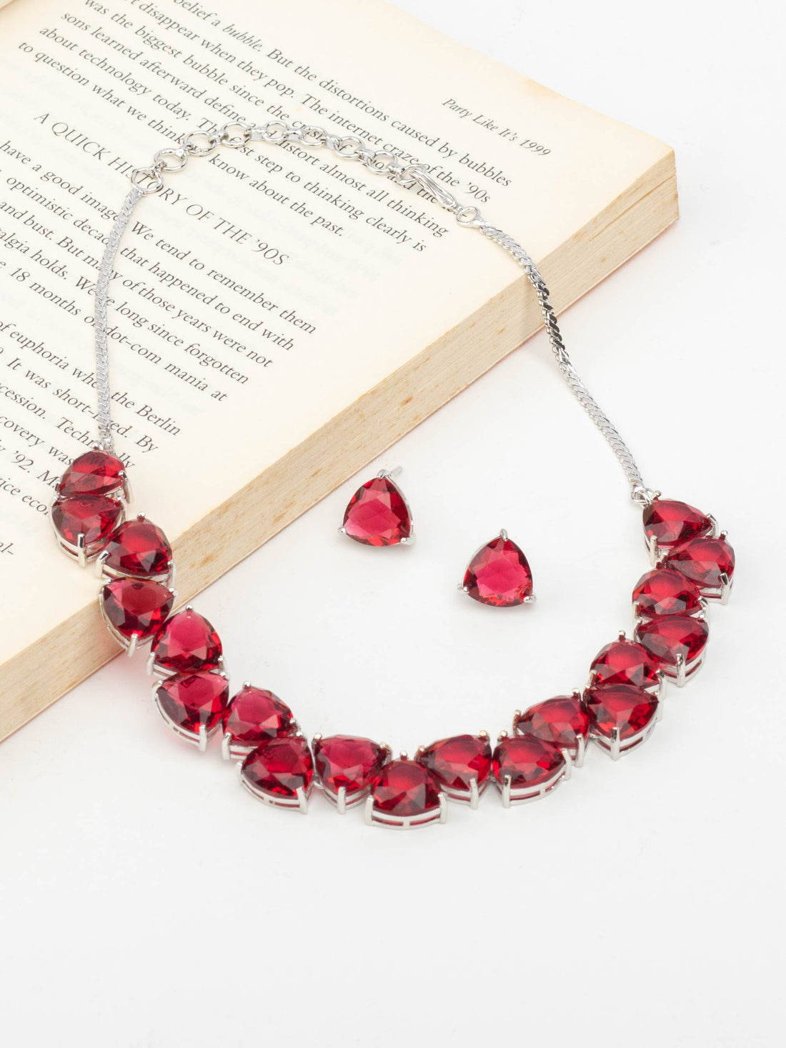 Rhodium Plated Red Ruby Zircons Studded Necklace Set With Earrings