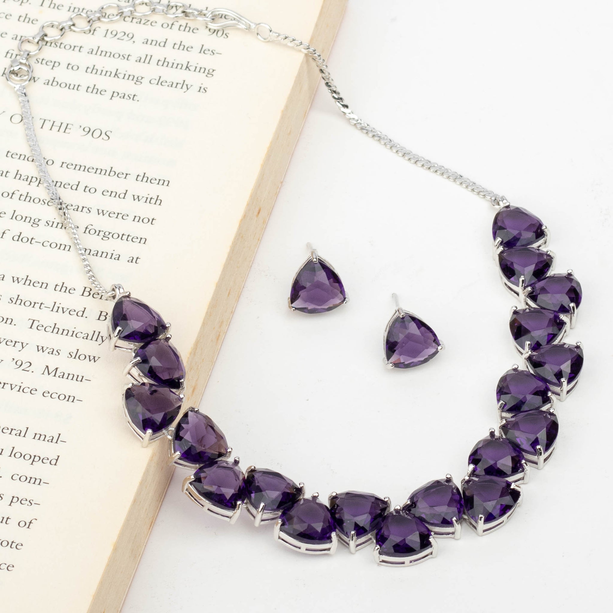 Rhodium Plated Purple Zircons Studded Necklace Set With Earrings