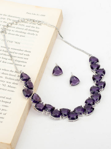 Rhodium Plated Purple Zircons Studded Necklace Set With Earrings