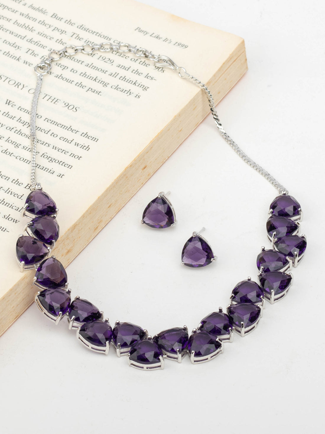 Rhodium Plated Purple Zircons Studded Necklace Set With Earrings