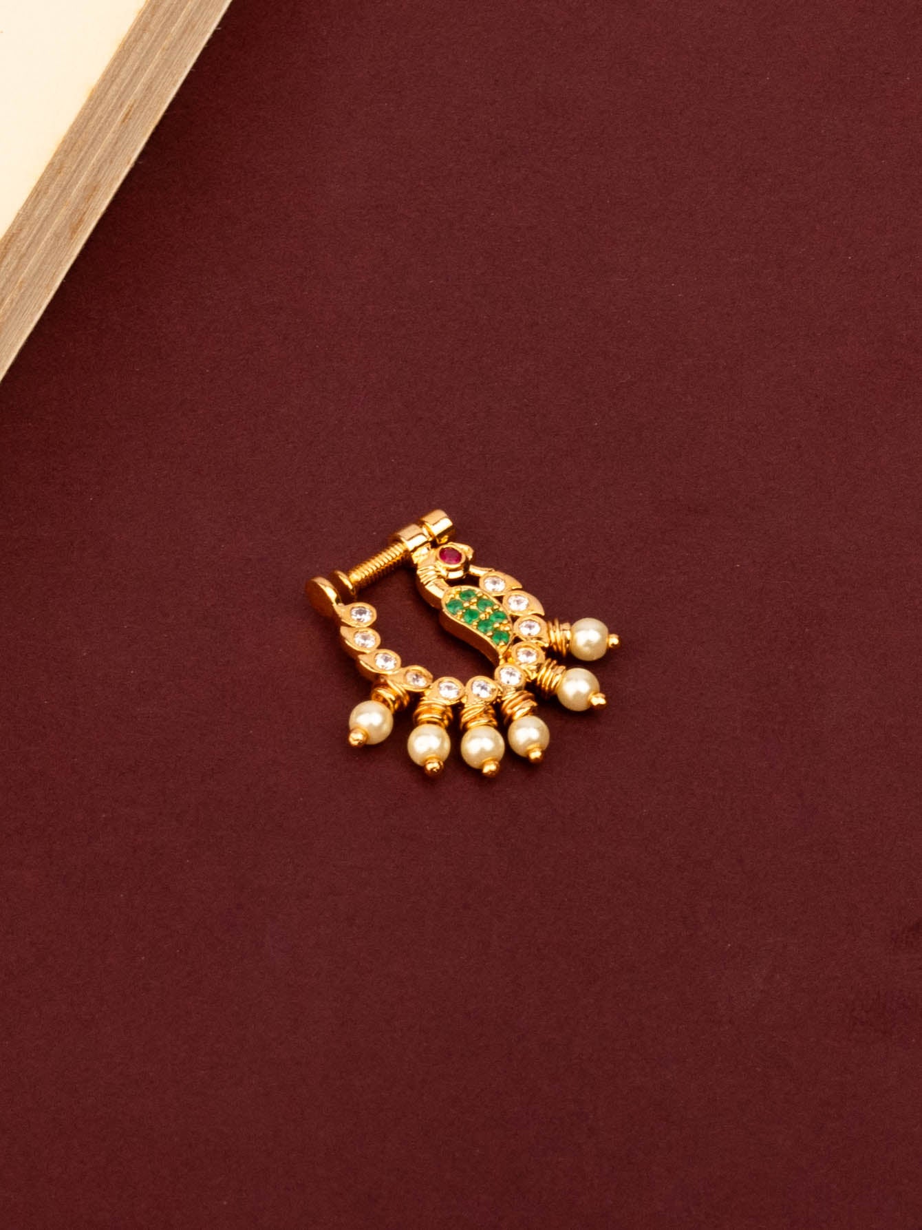 Beautiful 24K Golden Multi Colour Stone Nose Pin With Pearls