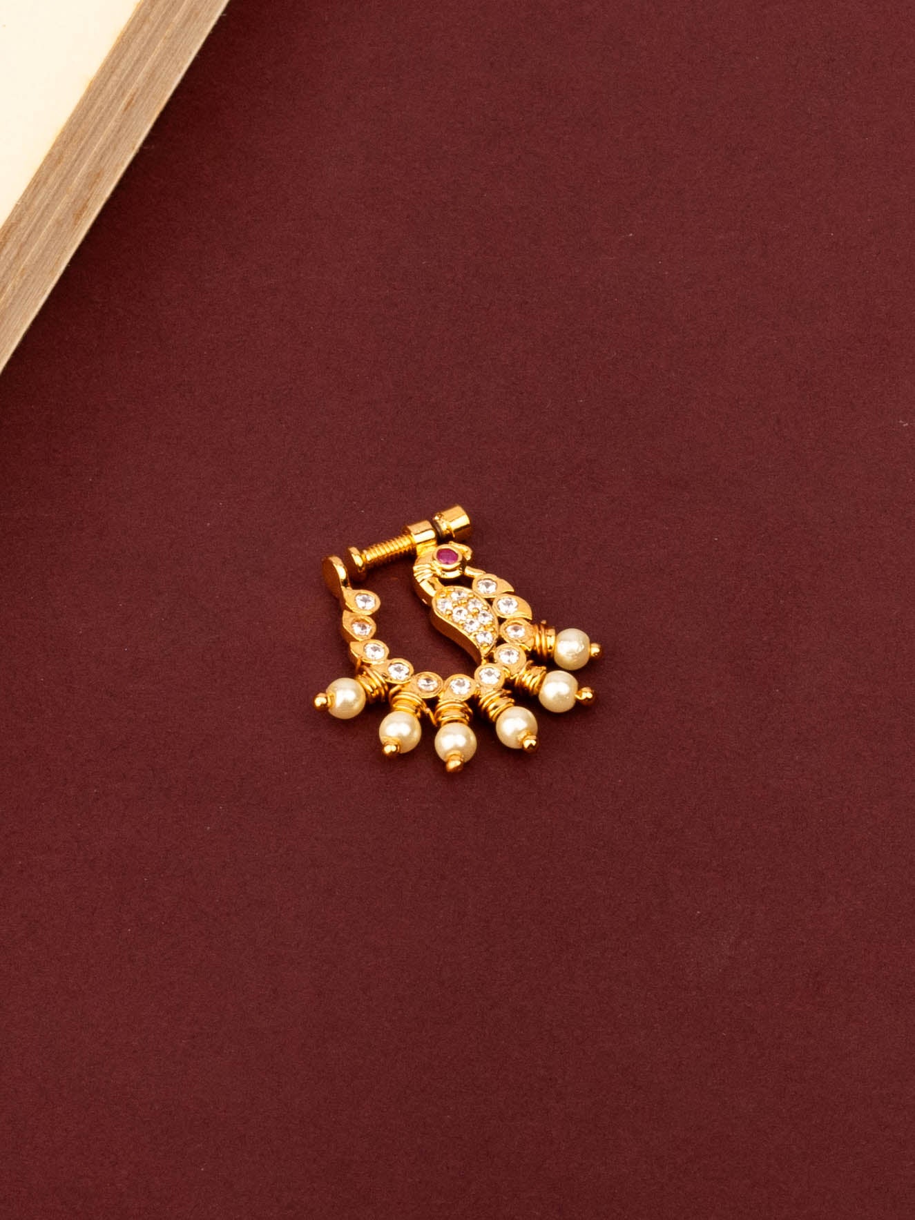 Elegant 24K Gold Plated Multi Colour Stone Nose Pin With Pearls