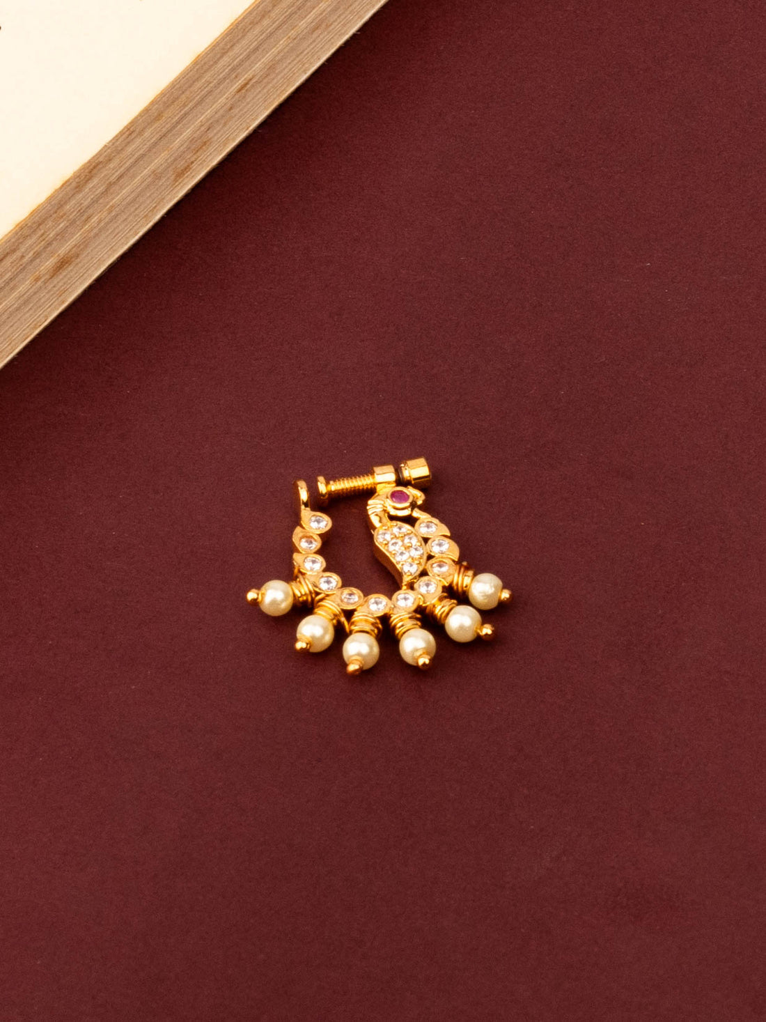 Elegant 24K Gold Plated Multi Colour Stone Nose Pin With Pearls