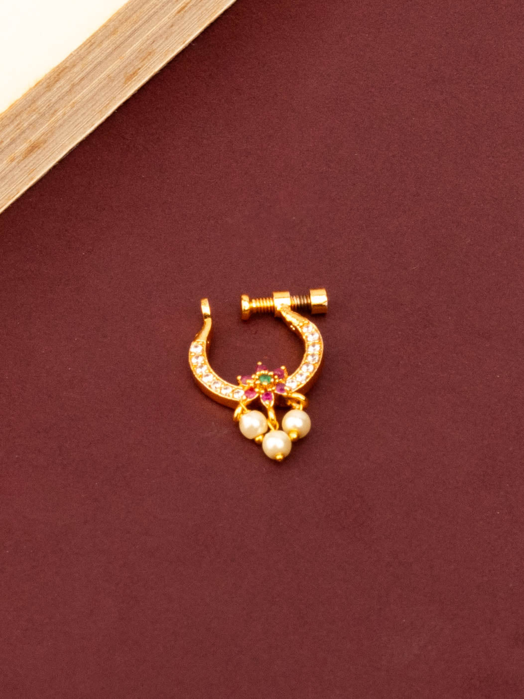 24K Gold Plated Nose Pin Crafted For Womens With Pearl Drops