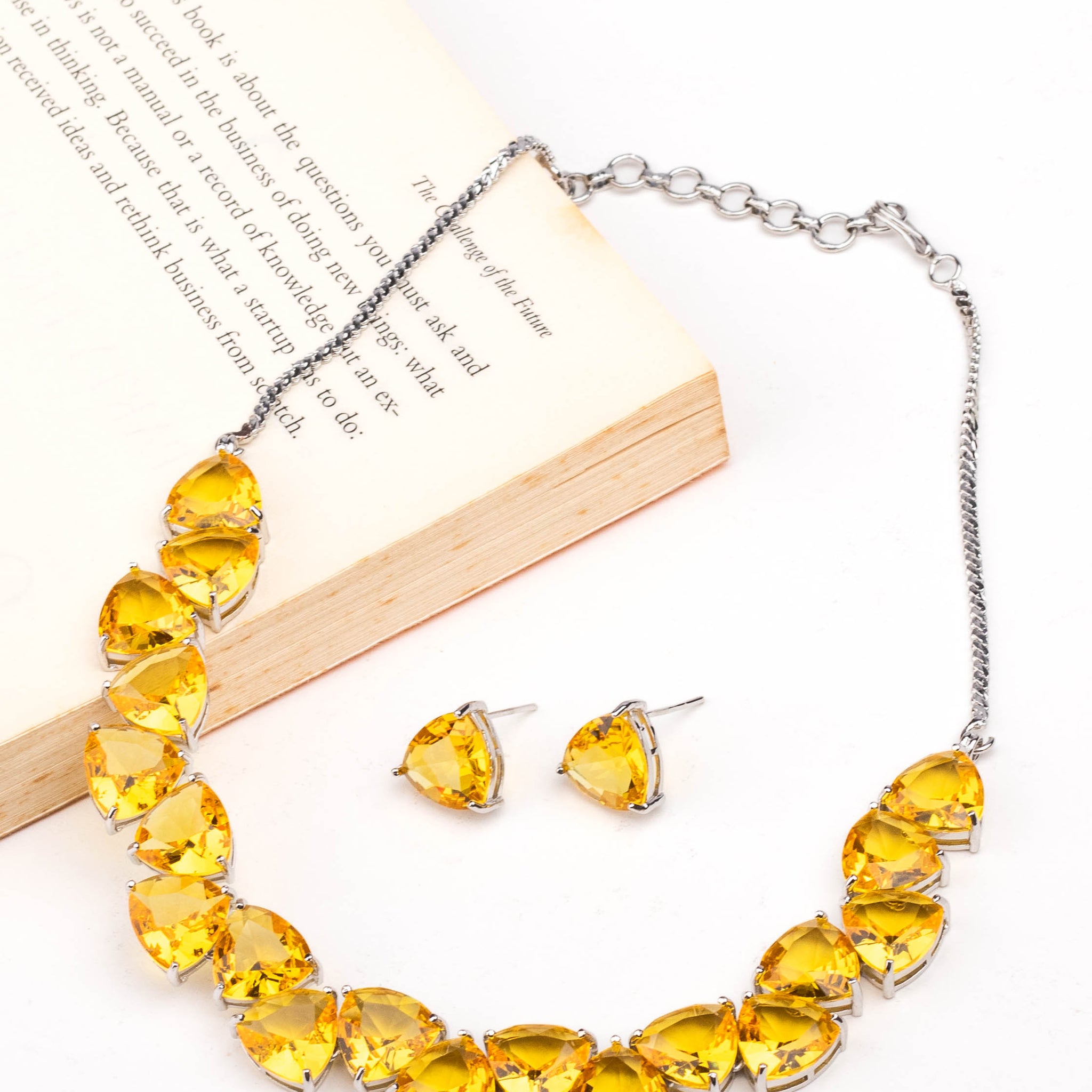 Rhodium Plated Yellow Sapphire Zircons Studded Necklace Set With Earrings