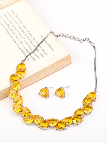 Rhodium Plated Yellow Sapphire Zircons Studded Necklace Set With Earrings