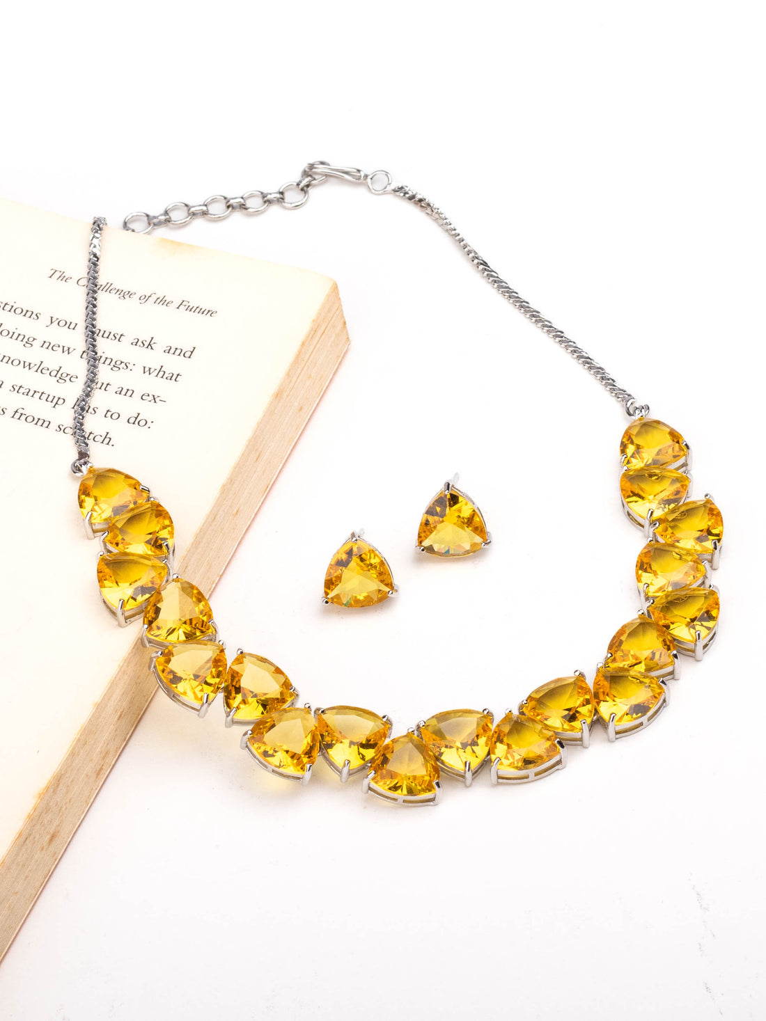 Rhodium Plated Yellow Sapphire Zircons Studded Necklace Set With Earrings