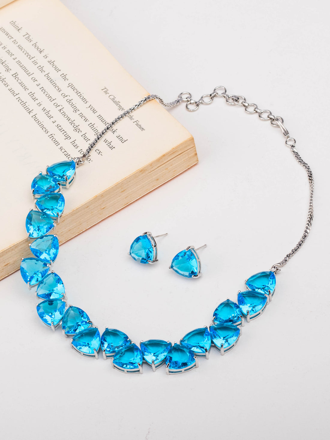 Rhodium Plated Aqua Color Zircons Studded Necklace Set With Earrings