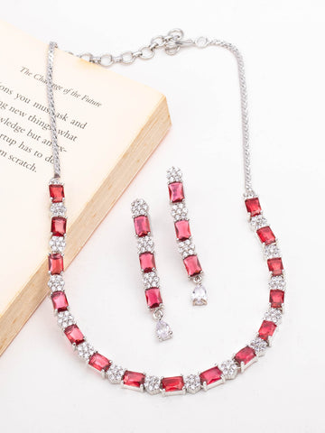 Rhodium Plated Short Red Ruby Studded Necklace Set With Earrings