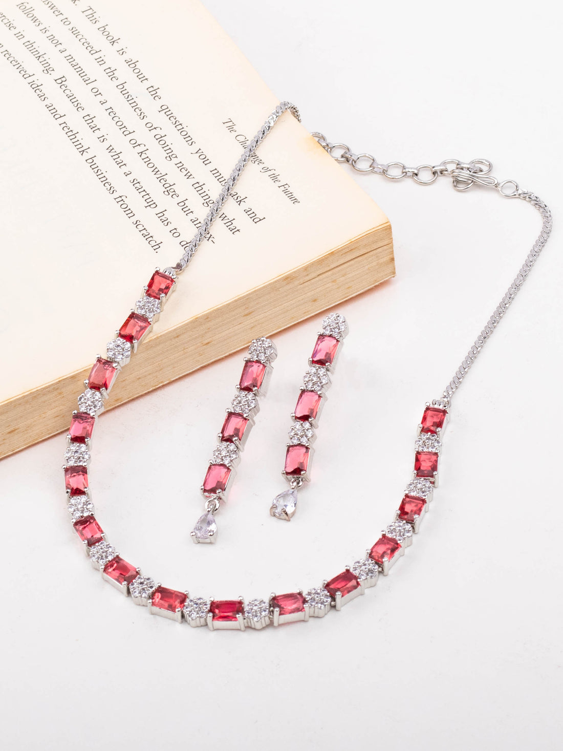 Rhodium Plated Short Red Ruby Studded Necklace Set With Earrings