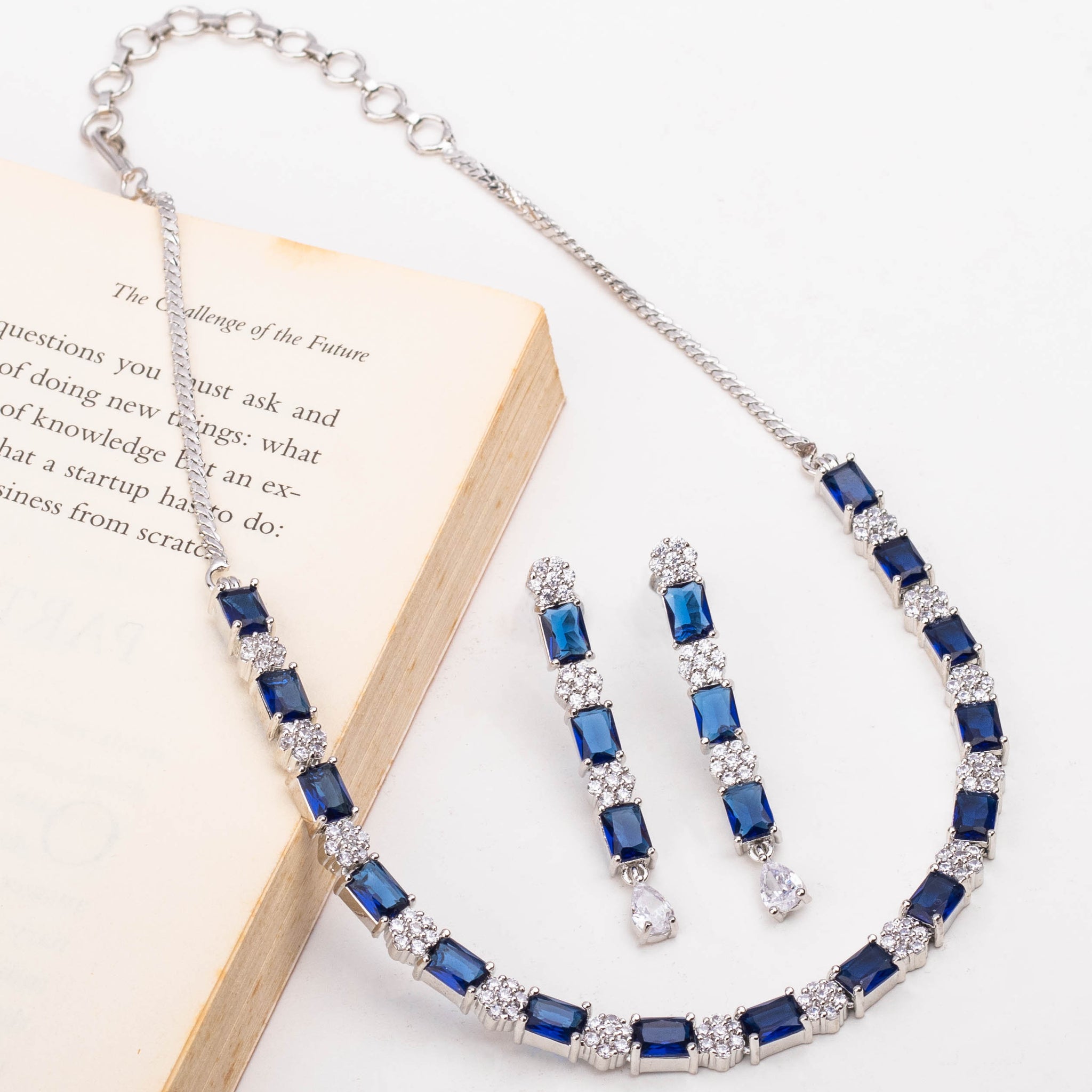 Rhodium Plated Short Azurite Blue Color Studded Necklace Set With Earrings