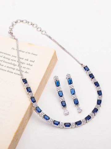 Rhodium Plated Short Azurite Blue Color Studded Necklace Set With Earrings