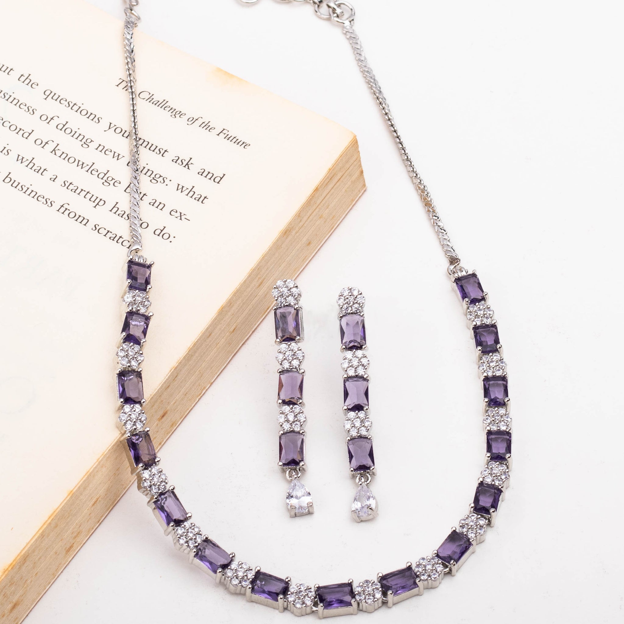 Rhodium Plated Short Purple Color Studded Necklace Set With Earrings For Women