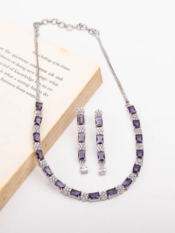 Rhodium Plated Short Purple Color Studded Necklace Set With Earrings For Women