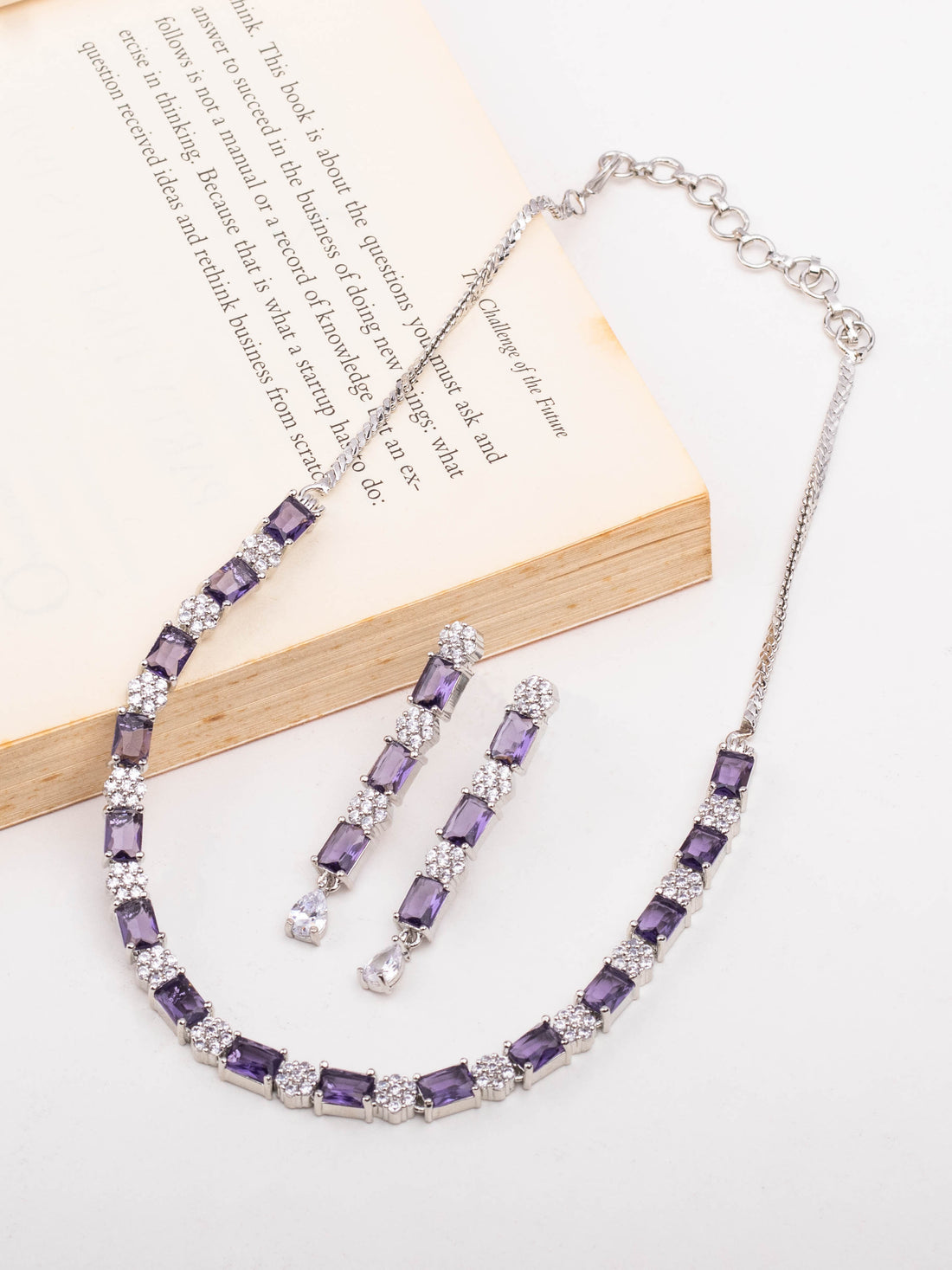 Rhodium Plated Short Purple Color Studded Necklace Set With Earrings For Women