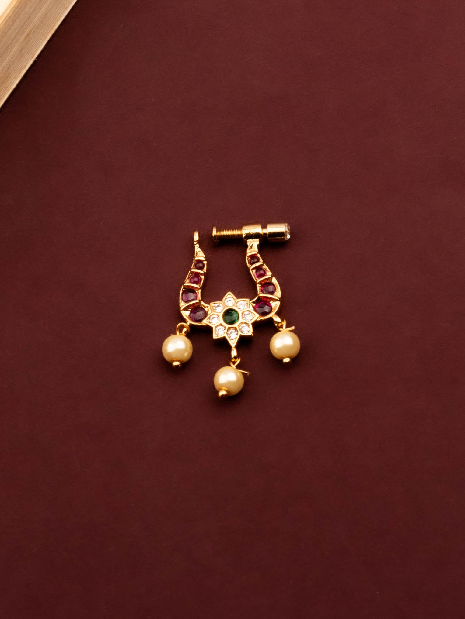 24K Gold Plated Nose Pin Green and Red Stones With Pearl Drop