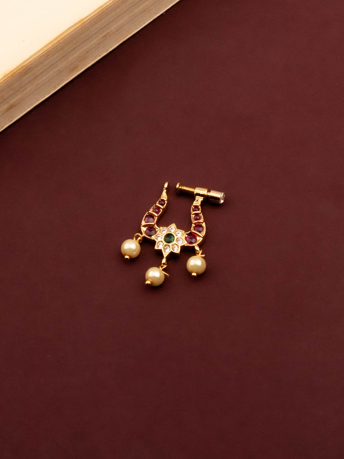 24K Gold Plated Nose Pin Green and Red Stones With Pearl Drop