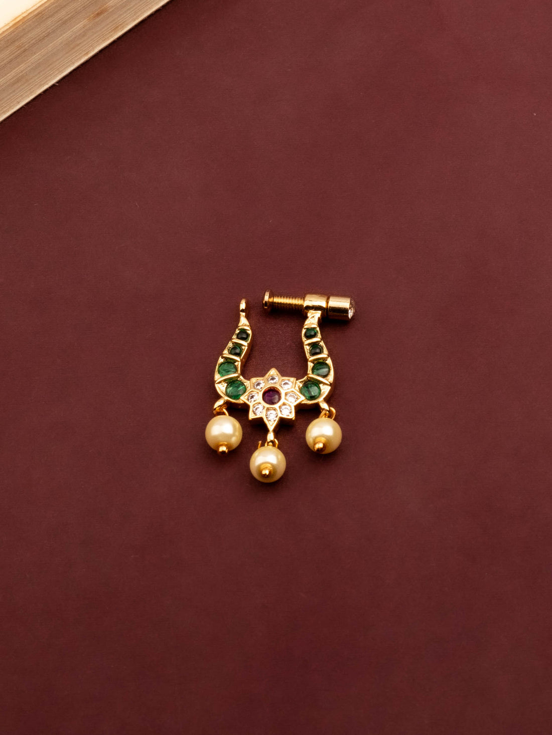 24K Gold Plated Nose Pin Crafted with  Green and Red Stones