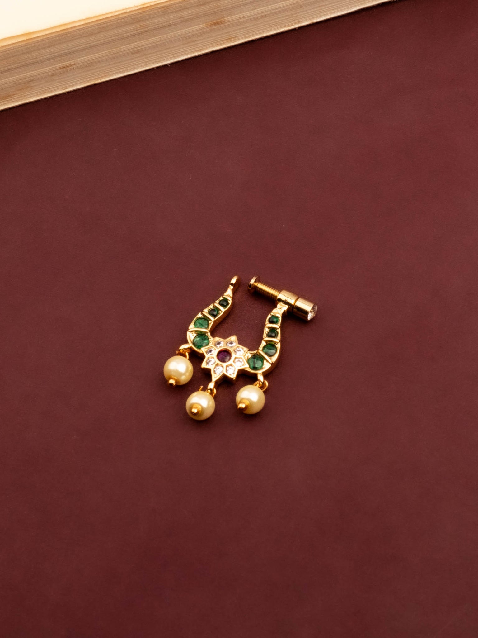 24K Gold Plated Nose Pin Crafted with  Green and Red Stones