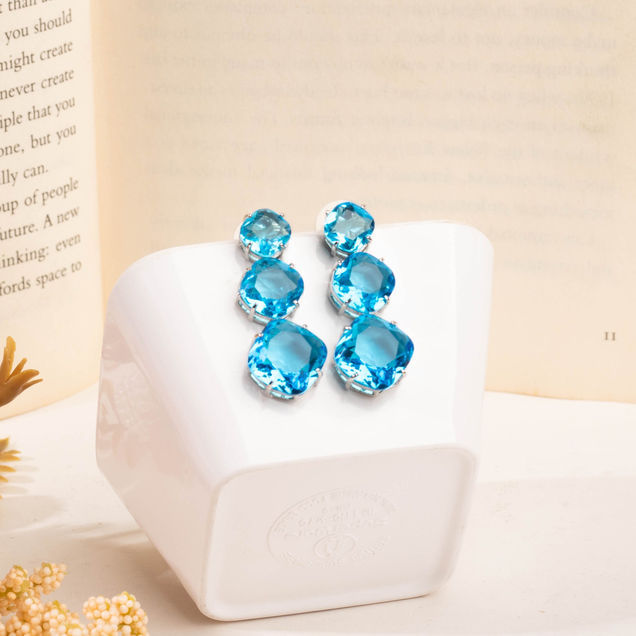 Exotic Rhodium Plated Aqua Blue Zircon Drop Earrings For Women