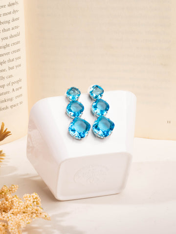 Exotic Rhodium Plated Aqua Blue Zircon Drop Earrings For Women