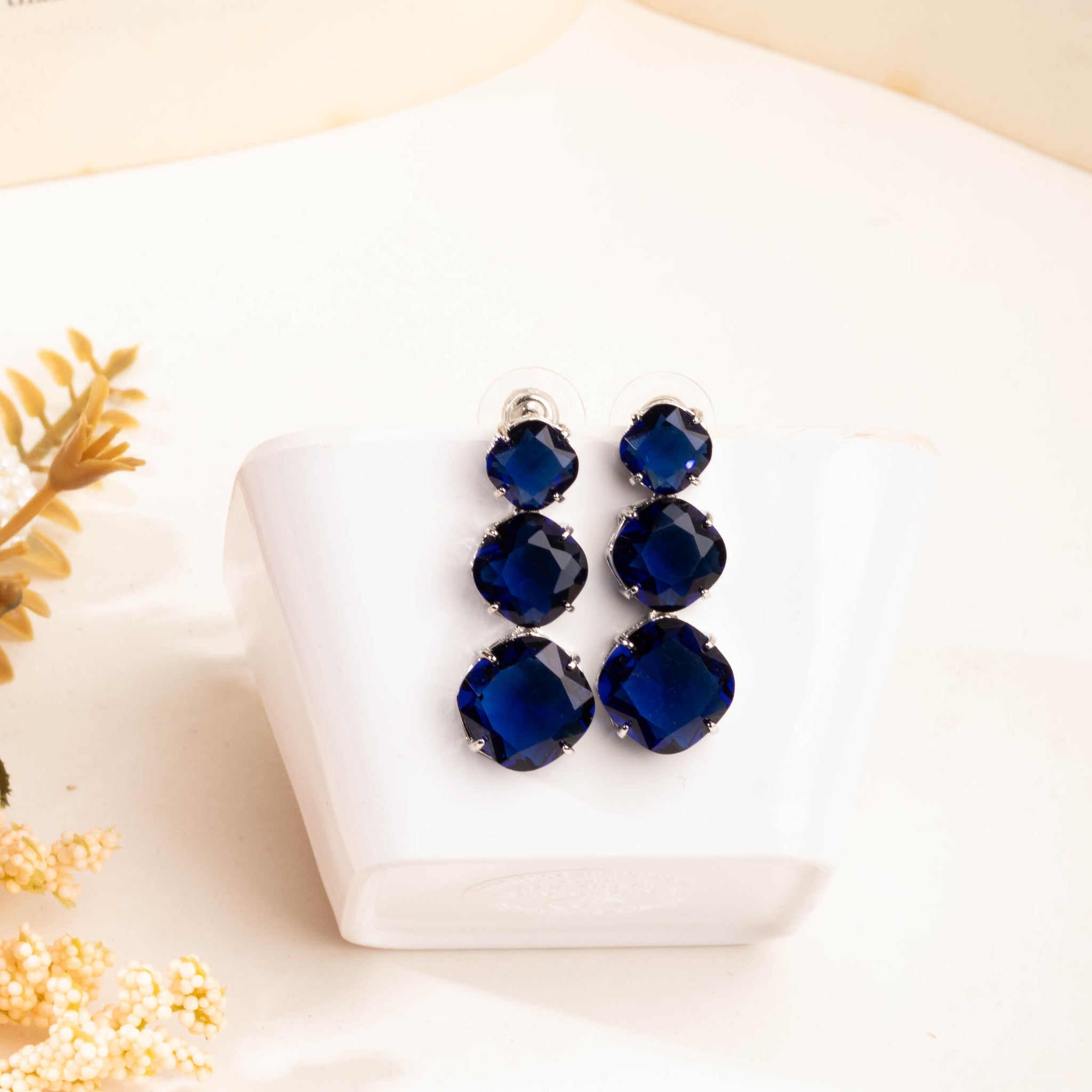 Luminous Rhodium Plated Sapphire Blue Zircon Drop Earrings For Women