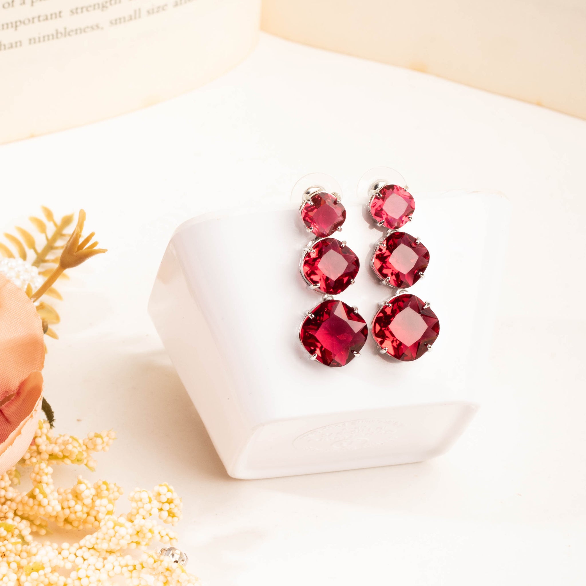 Chic Rhodium Plated Scarlet Red Zircon Drop Earring For Women