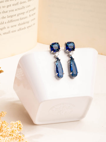Magnificent Rhodium Plated Sapphire Blue Studded CZ Drop Earrings For Women