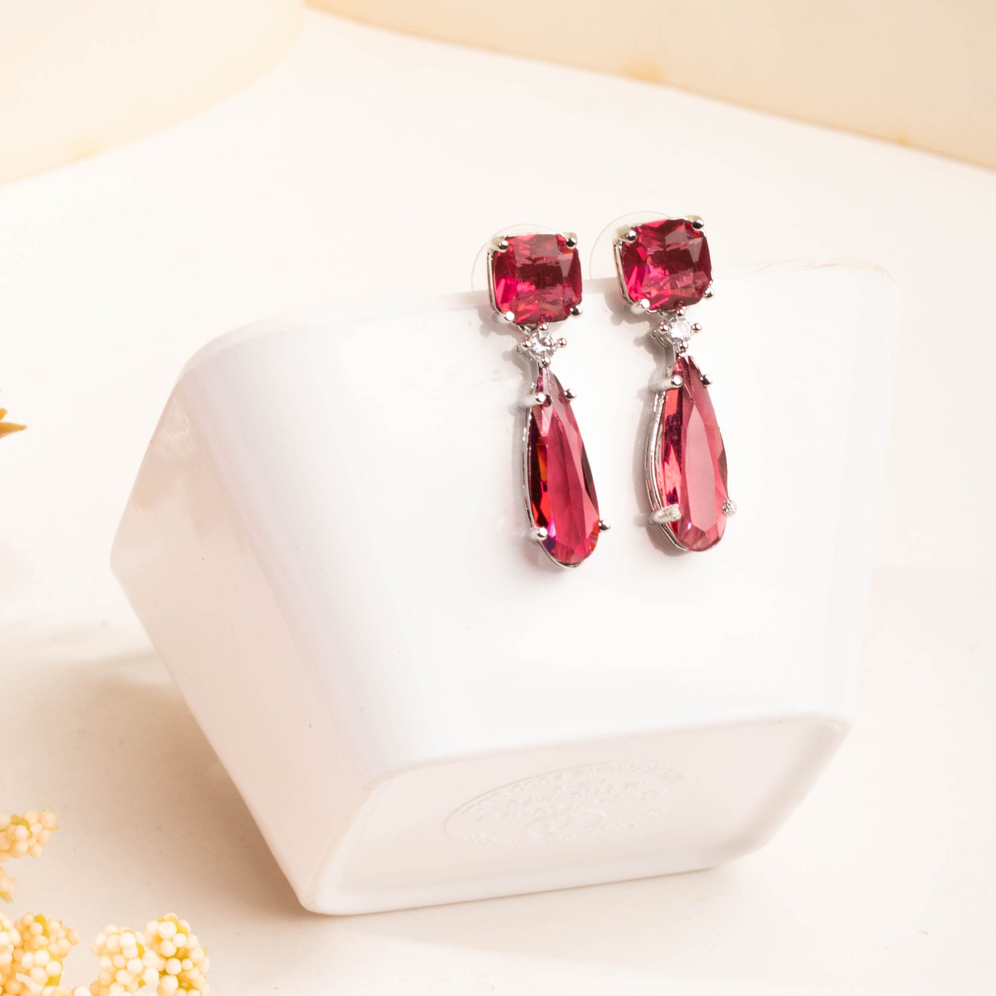 Magnificent Rhodium Plated Sapphire Red Studded CZ Drop Earrings For Women