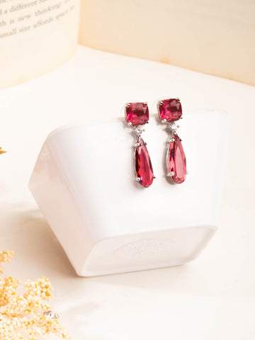 Magnificent Rhodium Plated Sapphire Red Studded CZ Drop Earrings For Women