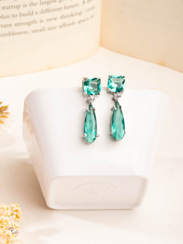 Magnificent Rhodium Plated Teal Green Sapphire Studded CZ Drop Earrings For Women